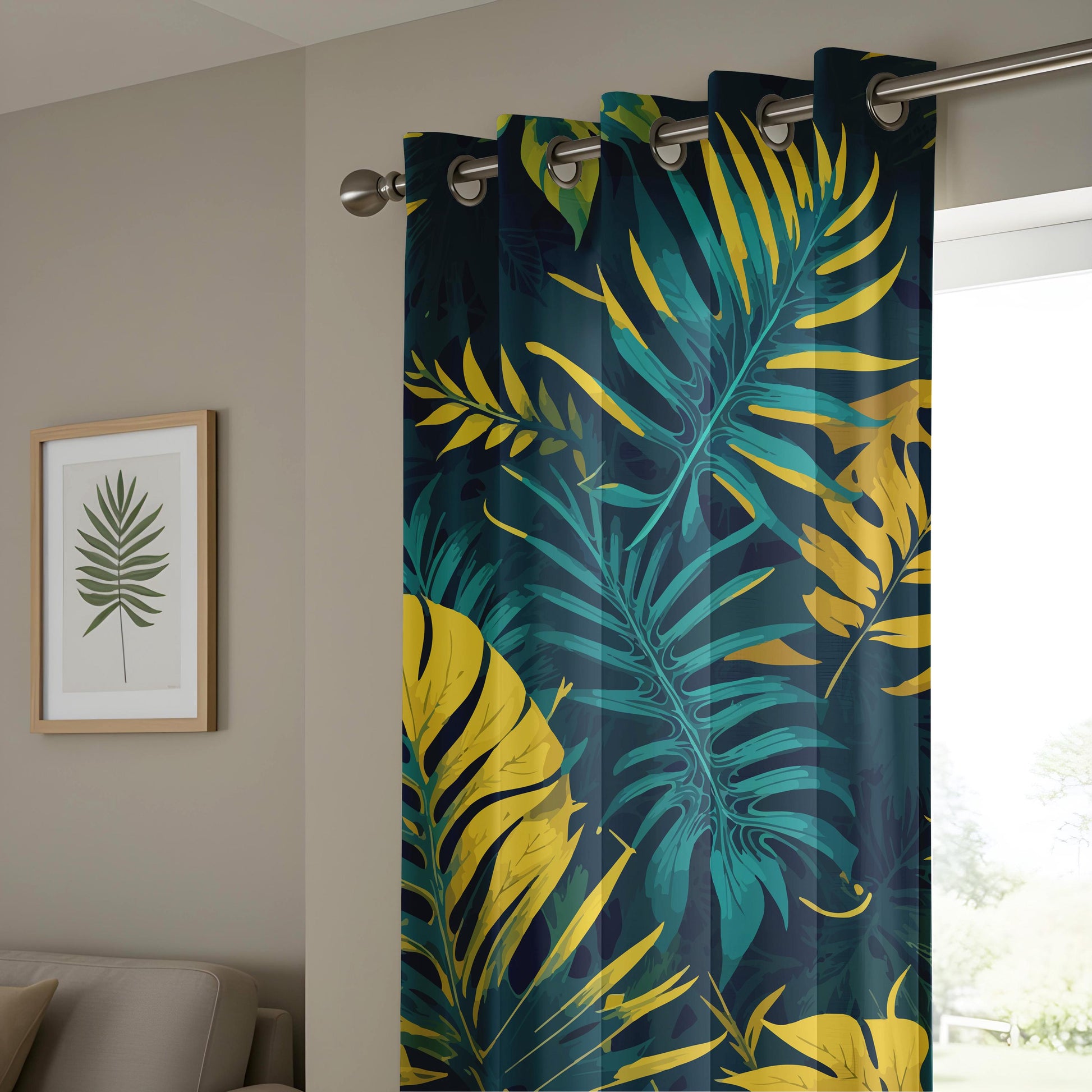 Onay Navy Blue Gold Tropical Curtains – Teal Yellow Palm Leaf Drapes
