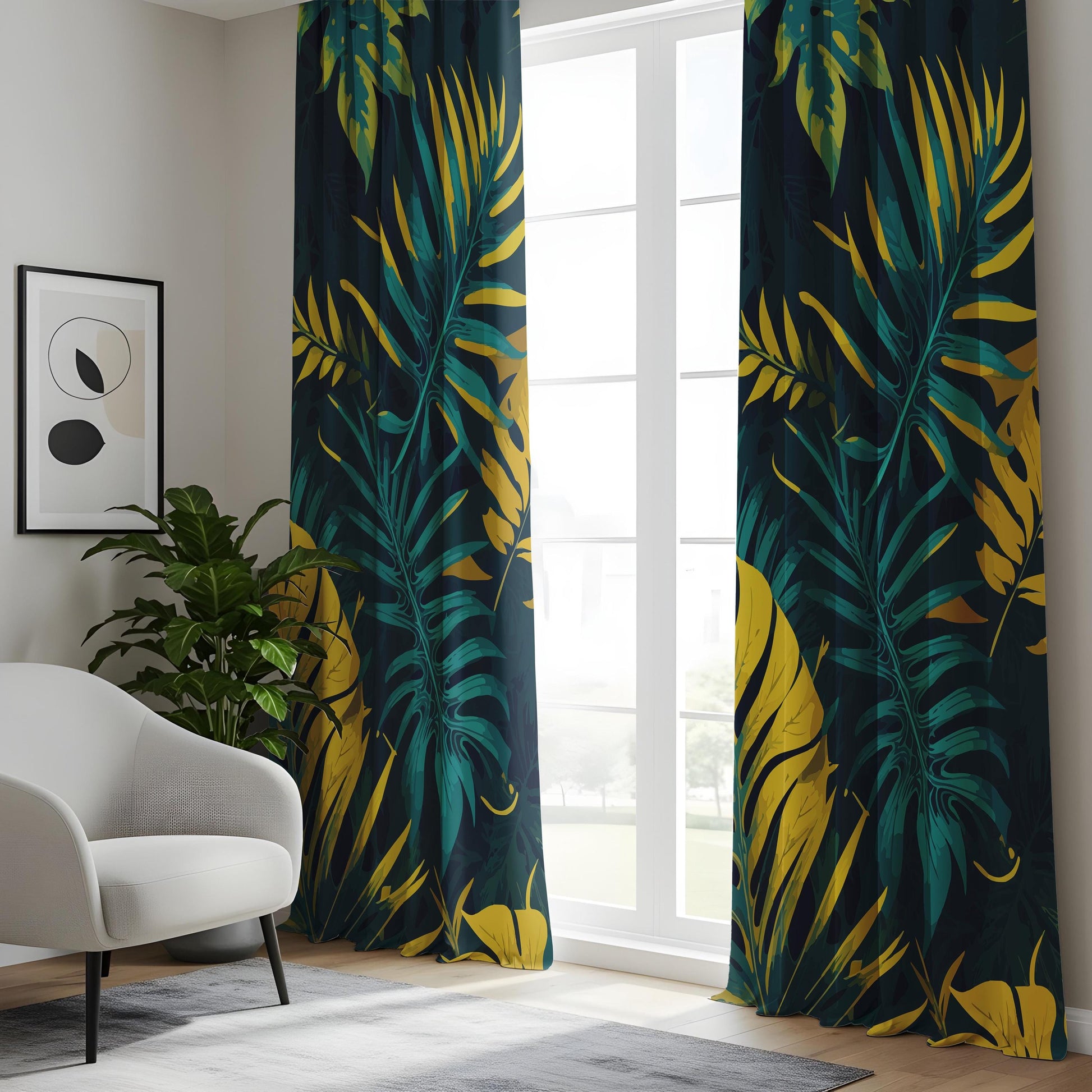 Onay Navy Blue Gold Tropical Curtains – Teal Yellow Palm Leaf Drapes