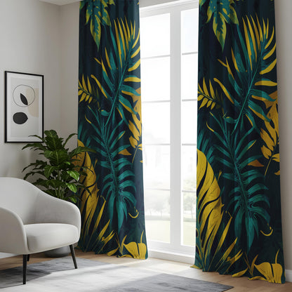 Onay Navy Blue Gold Tropical Curtains – Teal Yellow Palm Leaf Drapes