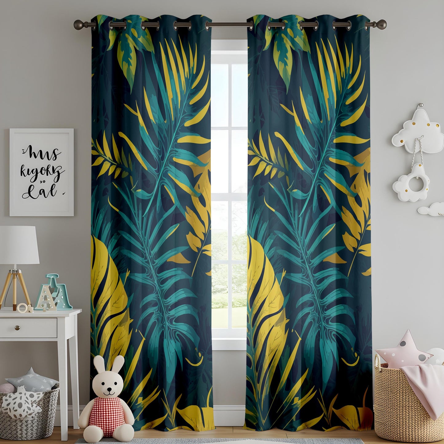 Onay Navy Blue Gold Tropical Curtains – Teal Yellow Palm Leaf Drapes