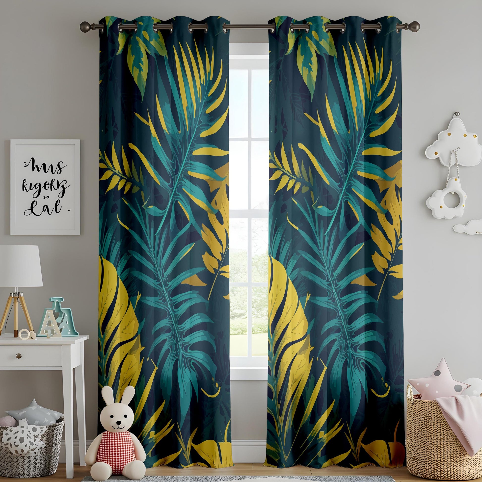 Onay Navy Blue Gold Tropical Curtains – Teal Yellow Palm Leaf Drapes