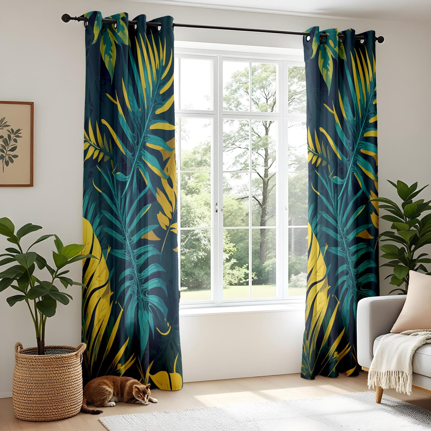 Onay Navy Blue Gold Tropical Curtains – Teal Yellow Palm Leaf Drapes