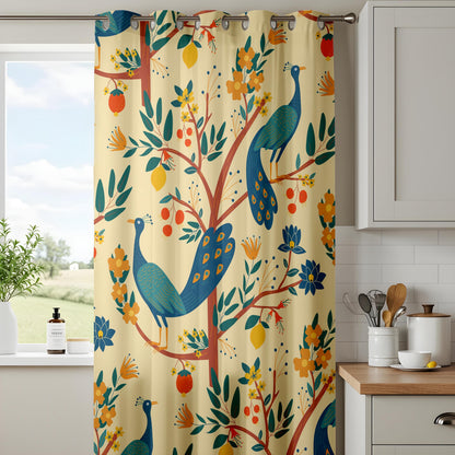 Onay Cream Yellow Peacock Curtains – Whimsical Folk Art Bird Drapes