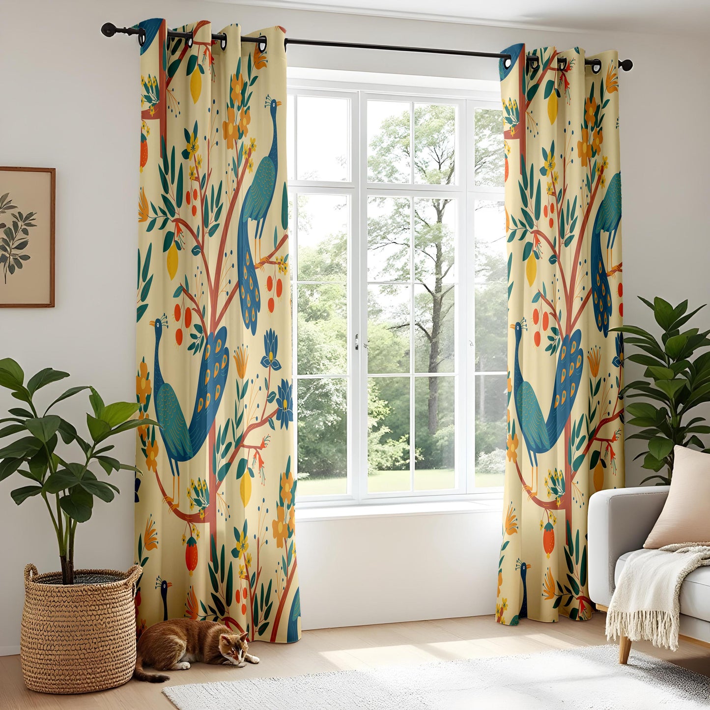 Onay Cream Yellow Peacock Curtains – Whimsical Folk Art Bird Drapes