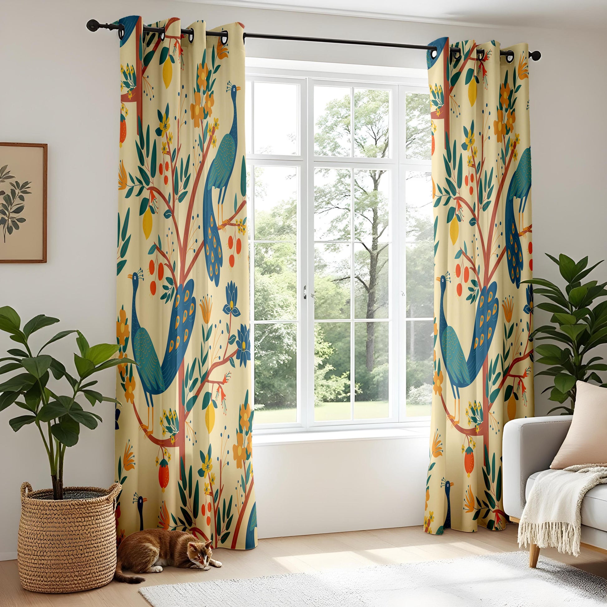 Onay Cream Yellow Peacock Curtains – Whimsical Folk Art Bird Drapes