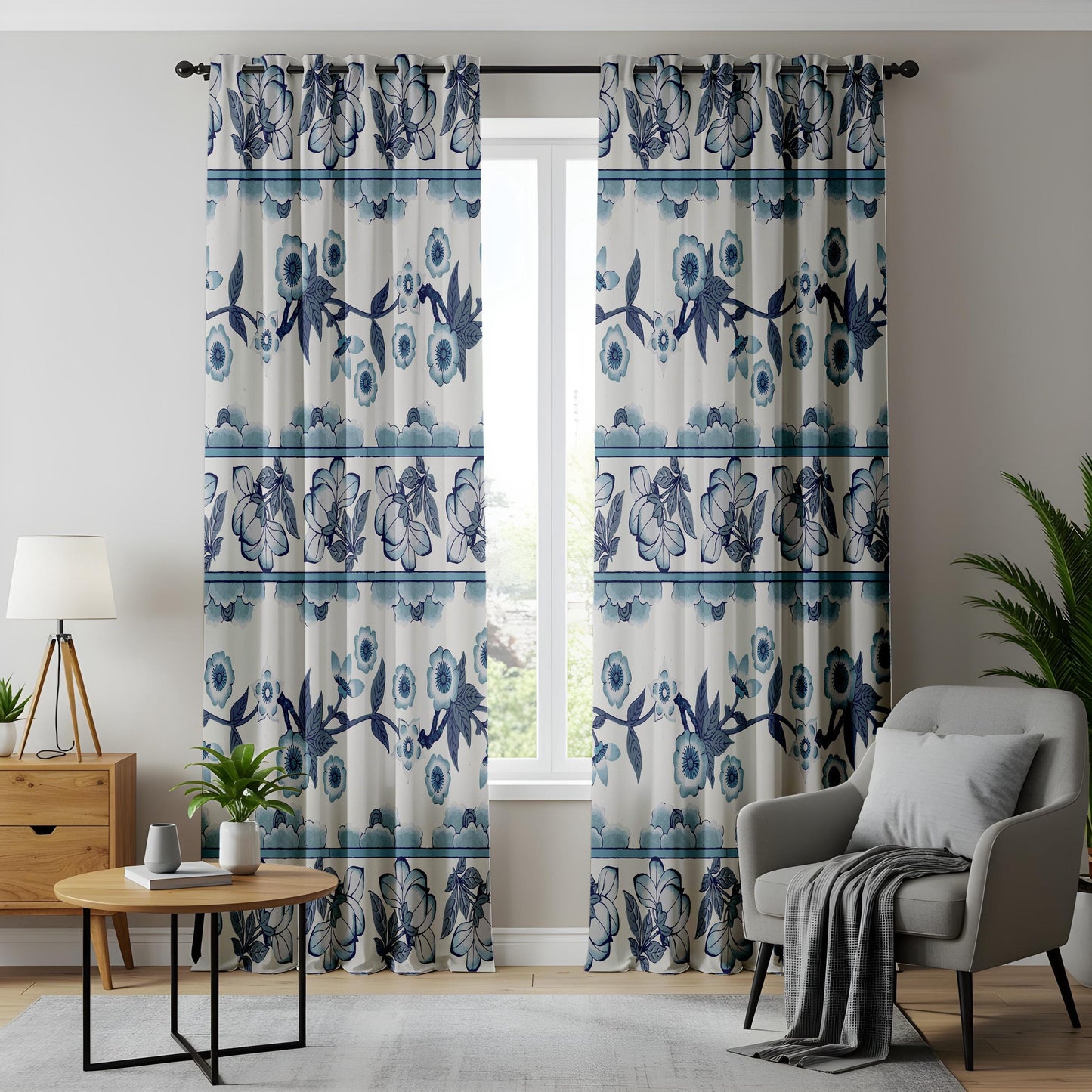 Onay Blue White Floral Stripe Curtains – Delft Pottery Style Drapes