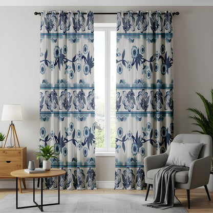 Onay Blue White Floral Stripe Curtains – Delft Pottery Style Drapes