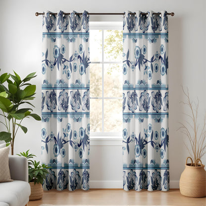 Onay Blue White Floral Stripe Curtains – Delft Pottery Style Drapes