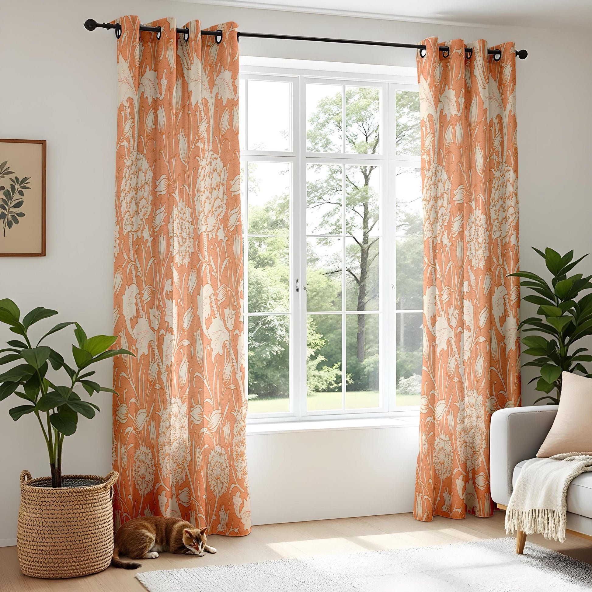 Onay Orange Terracotta Floral Curtains – Vintage Arts and Crafts Drapes