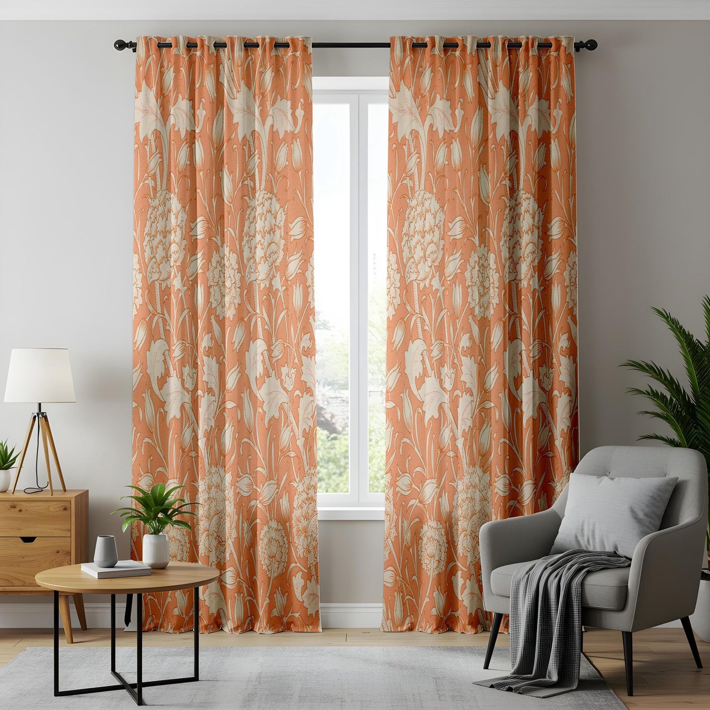 Onay Orange Terracotta Floral Curtains – Vintage Arts and Crafts Drapes
