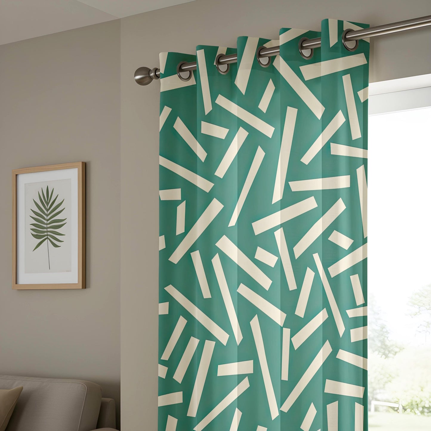 Onay Teal Green Geometric Curtains – Abstract Confetti Line Drapes