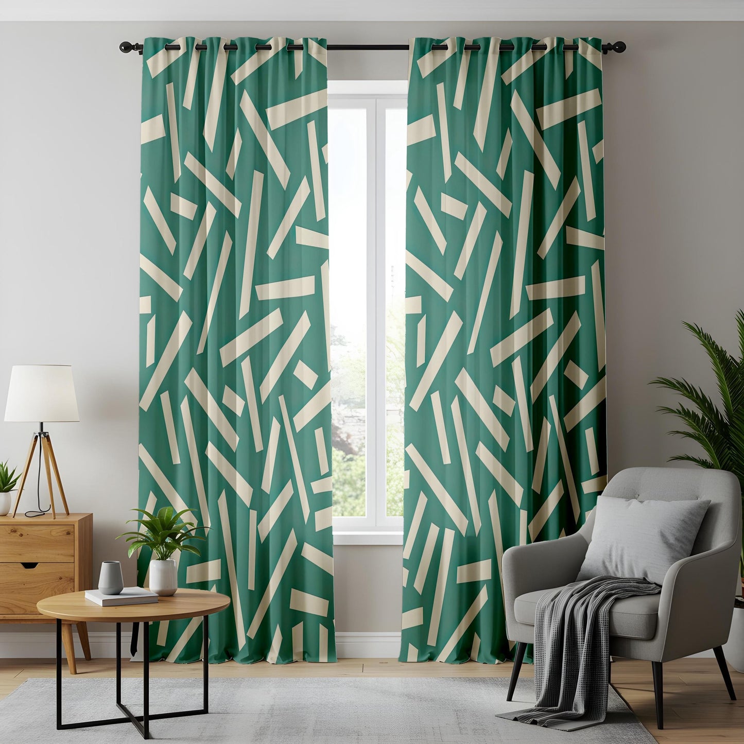 Onay Teal Green Geometric Curtains – Abstract Confetti Line Drapes