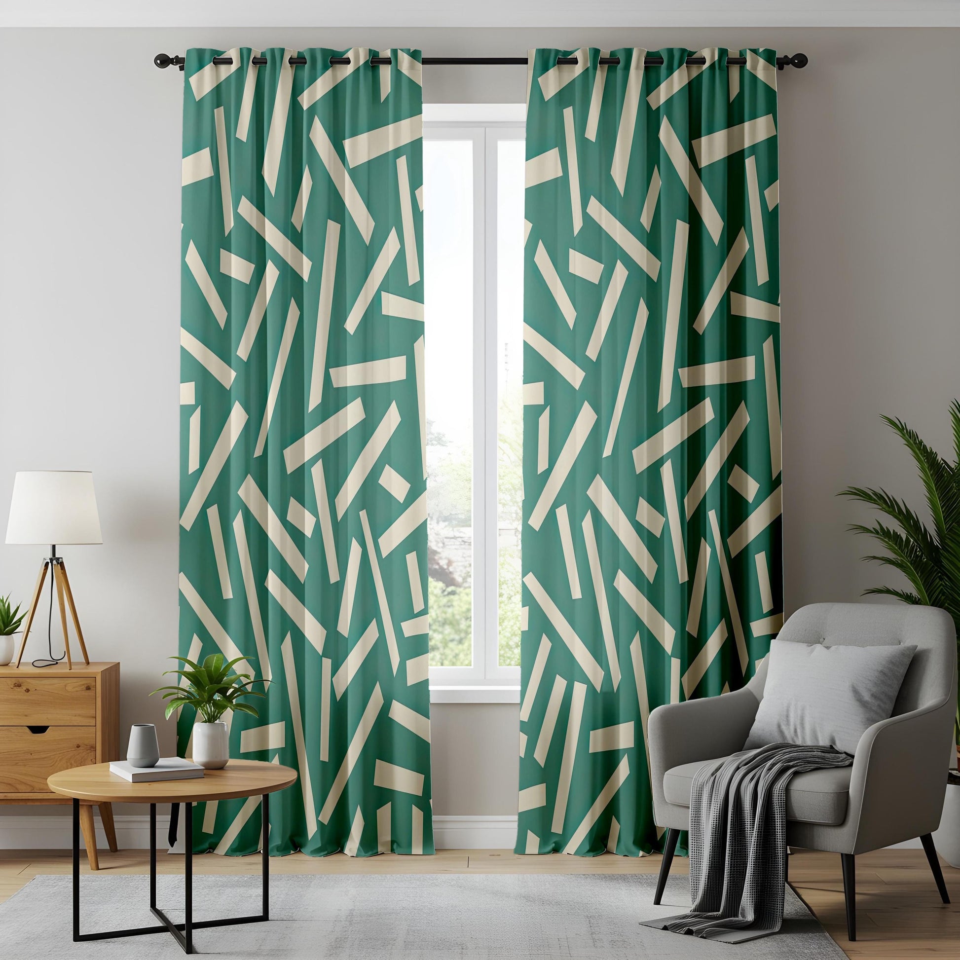 Onay Teal Green Geometric Curtains – Abstract Confetti Line Drapes