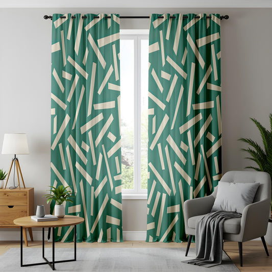 Onay Teal Green Geometric Curtains – Abstract Confetti Line Drapes