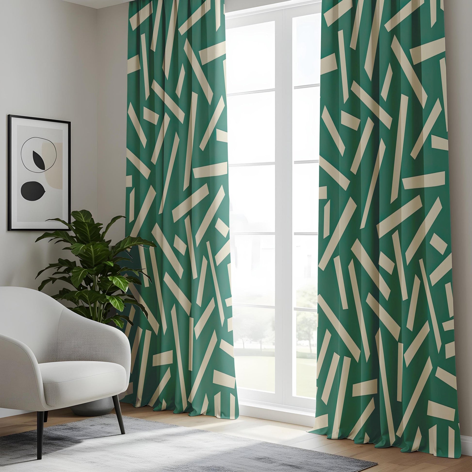 Onay Teal Green Geometric Curtains – Abstract Confetti Line Drapes