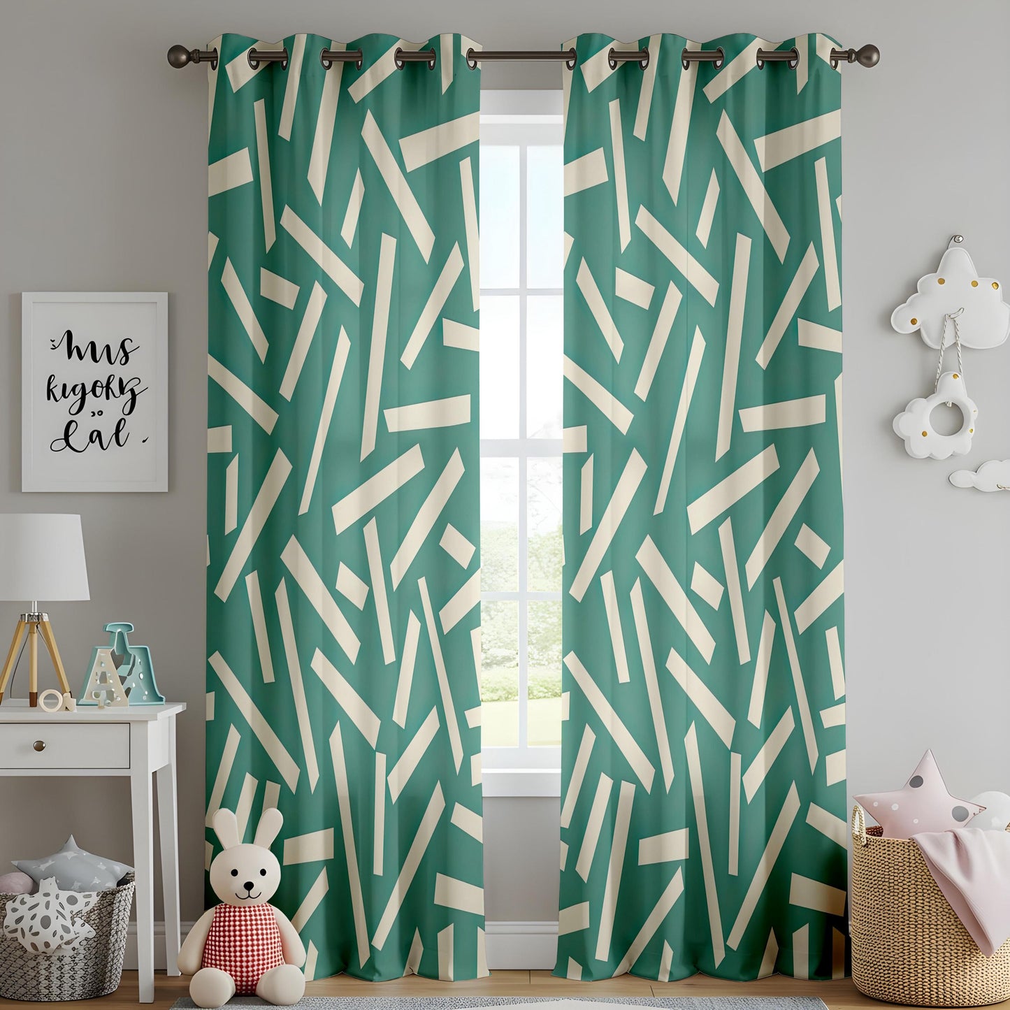 Onay Teal Green Geometric Curtains – Abstract Confetti Line Drapes