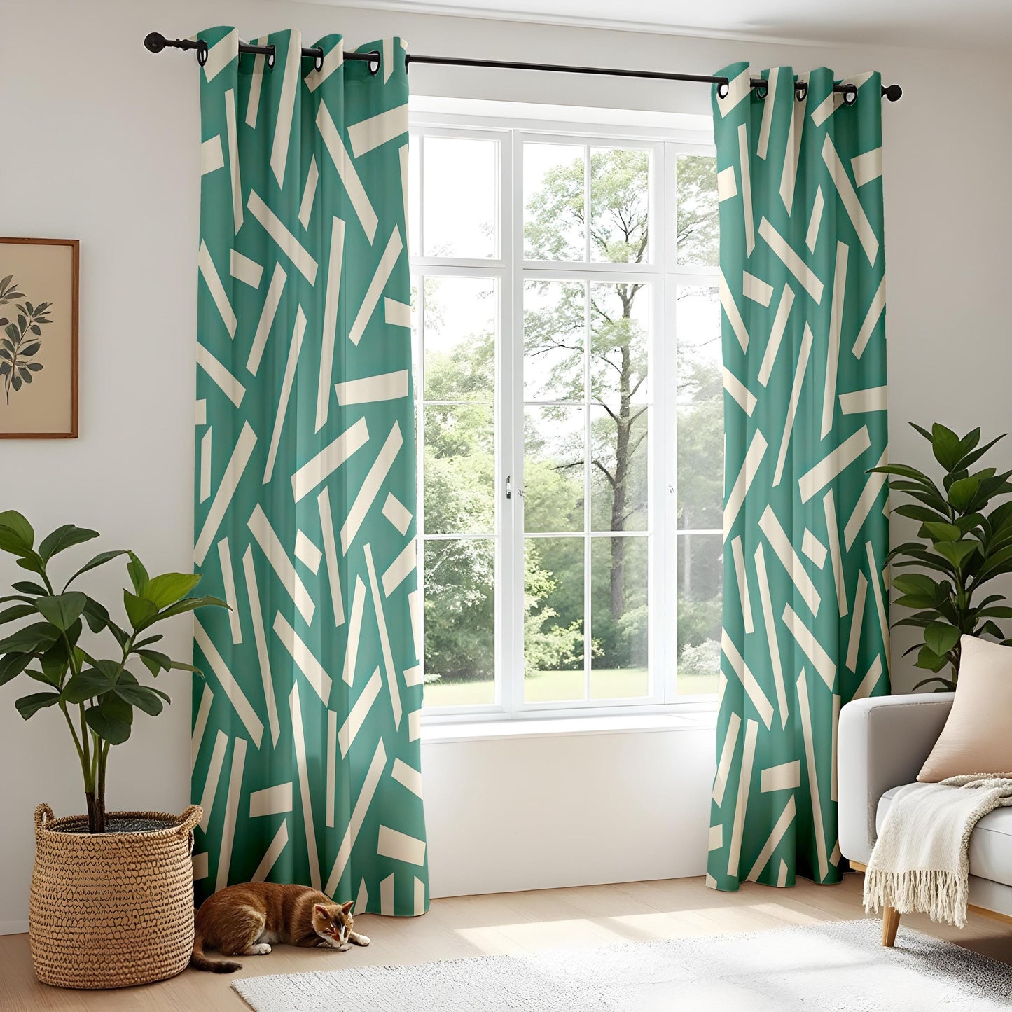 Onay Teal Green Geometric Curtains – Abstract Confetti Line Drapes