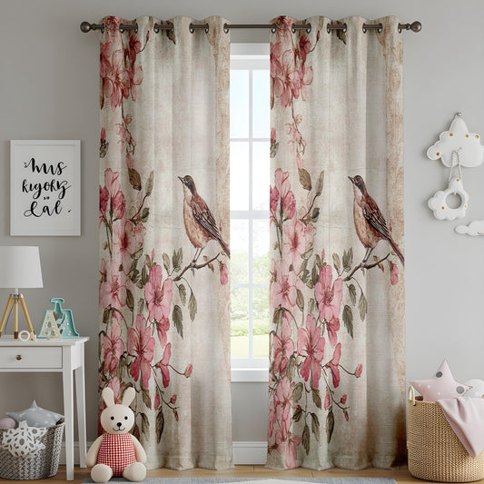 Onay Pink Floral Bird Curtains – Vintage Watercolor Botanical Drapes