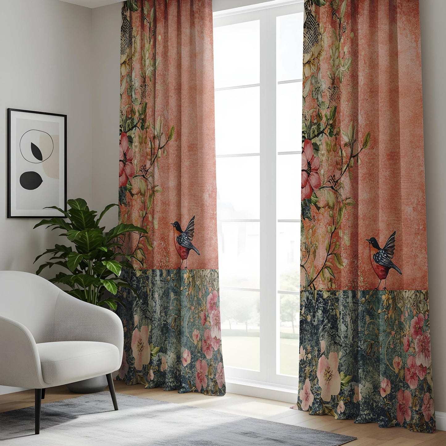Onay Terracotta Blue Vintage Bird Curtains – Rustic Floral Fresco Drapes