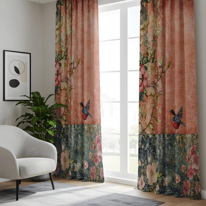 Onay Terracotta Blue Vintage Bird Curtains – Rustic Floral Fresco Drapes