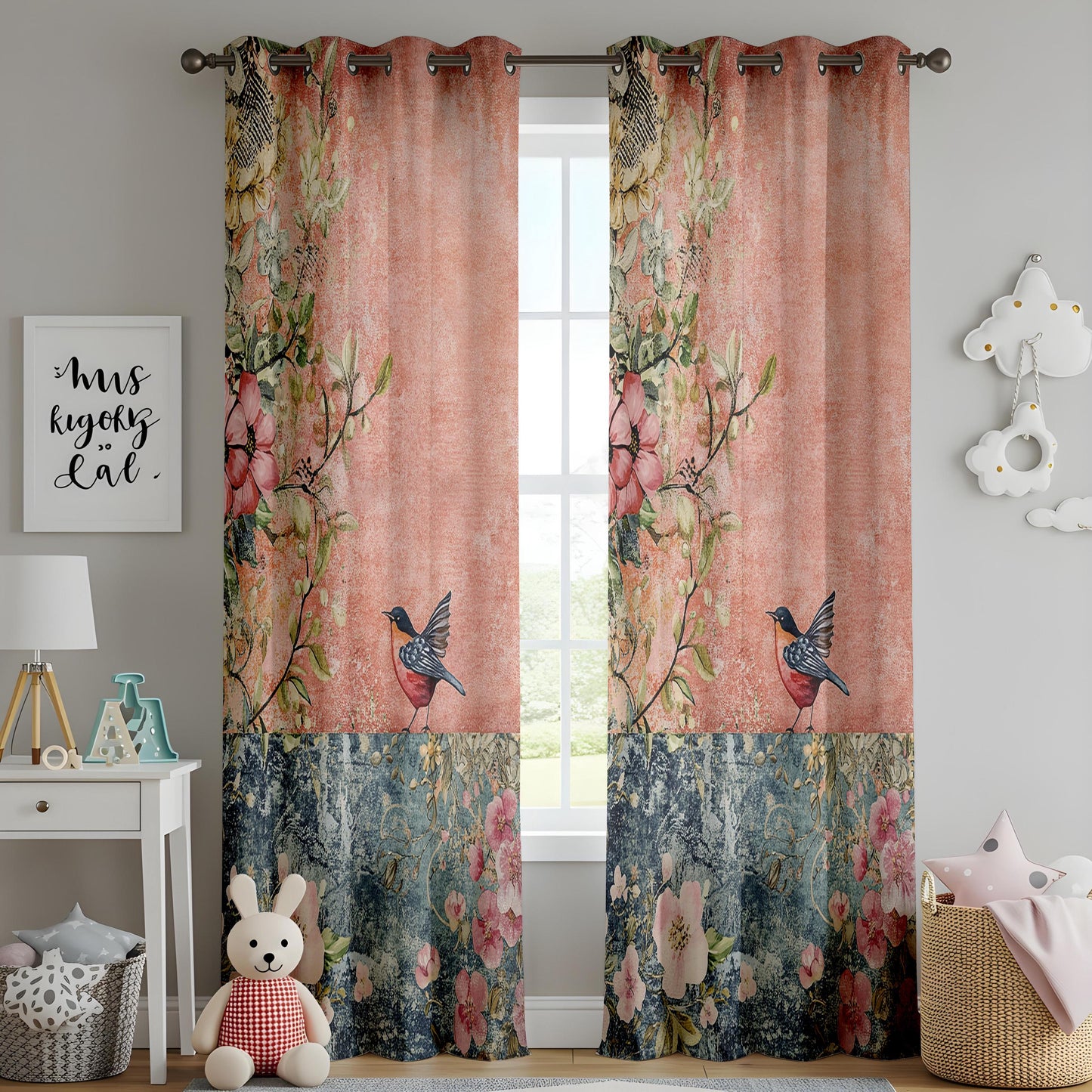 Onay Terracotta Blue Vintage Bird Curtains – Rustic Floral Fresco Drapes