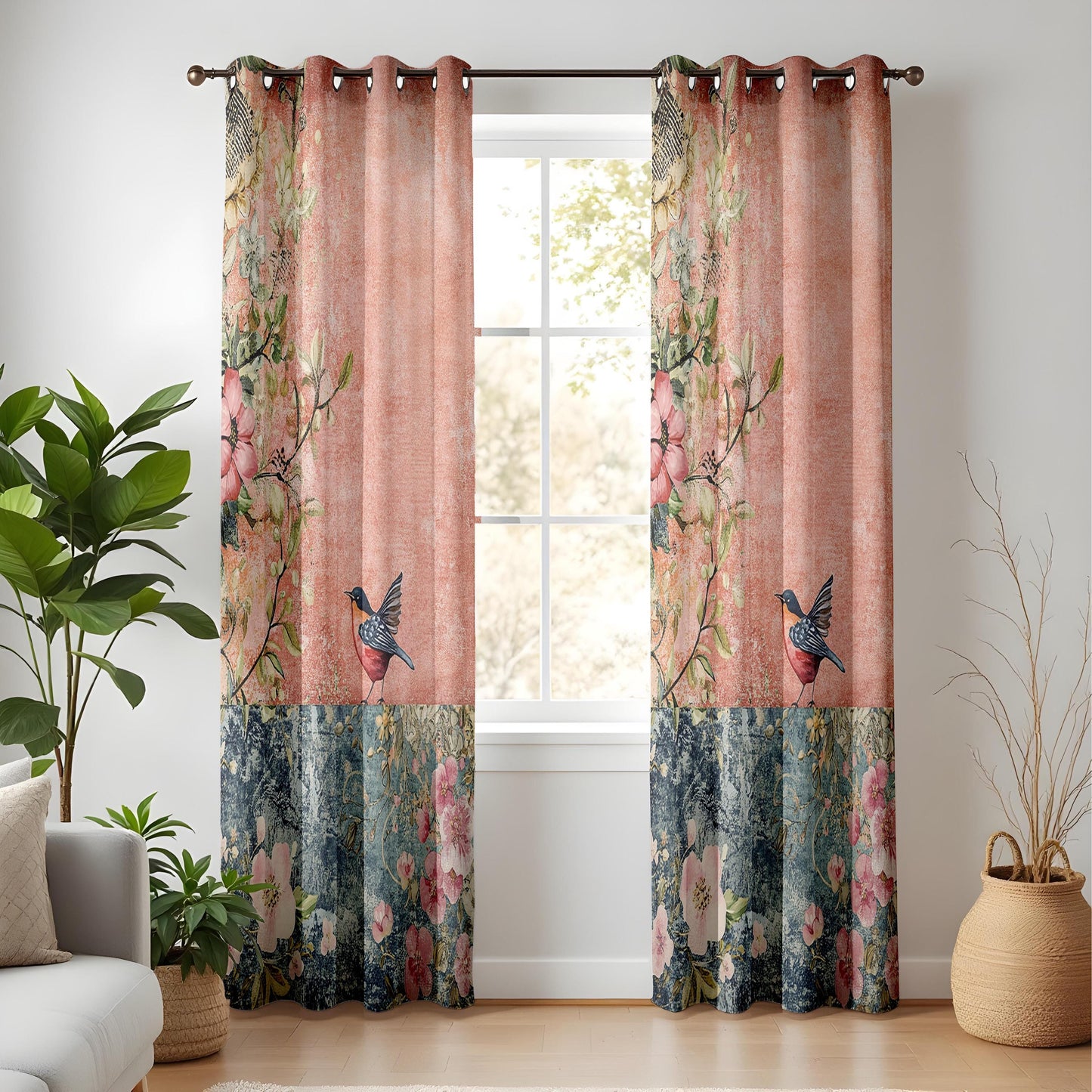 Onay Terracotta Blue Vintage Bird Curtains – Rustic Floral Fresco Drapes