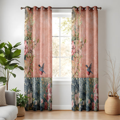 Onay Terracotta Blue Vintage Bird Curtains – Rustic Floral Fresco Drapes