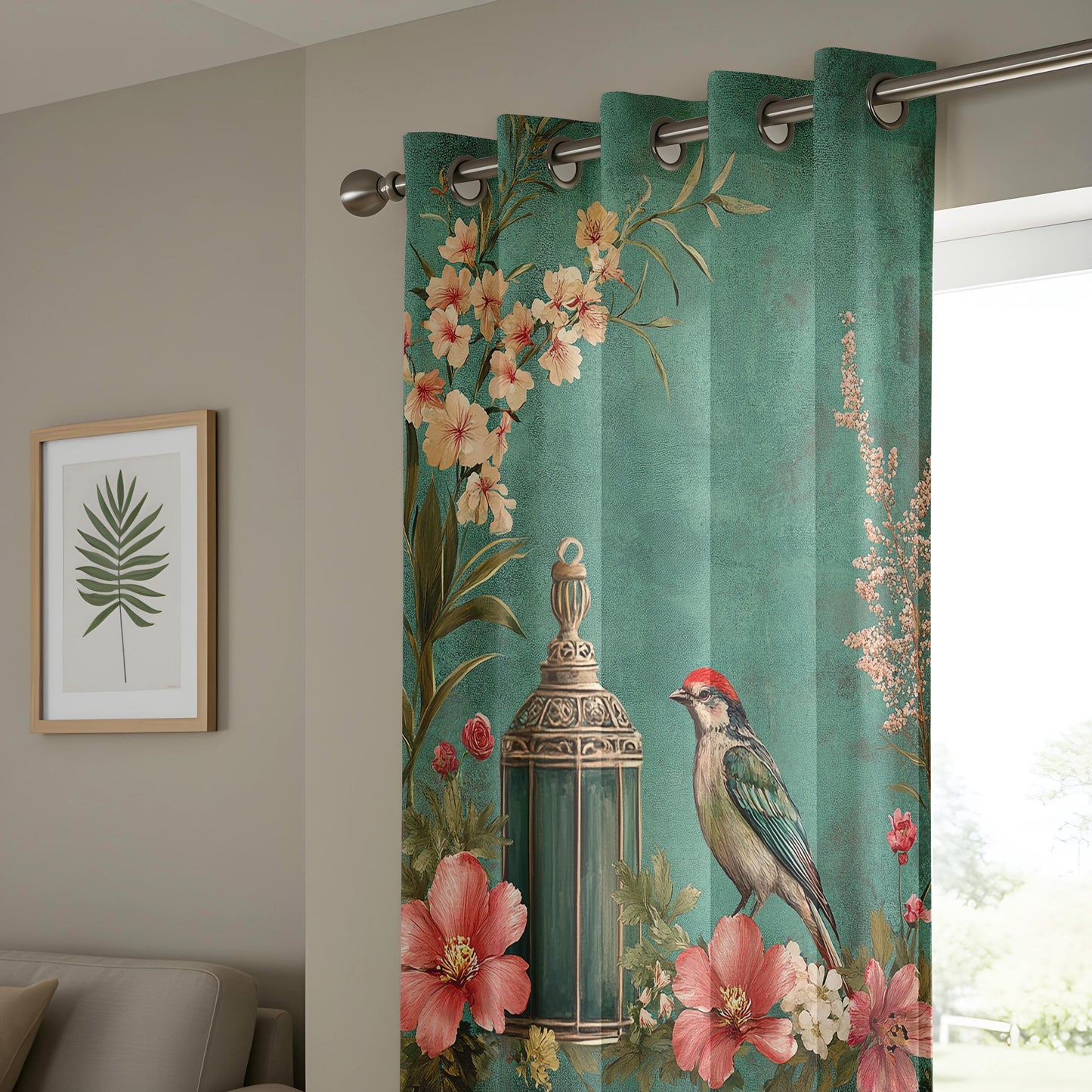 Onay Teal Green Vintage Birdcage Curtains – Romantic Floral Lantern Drapes