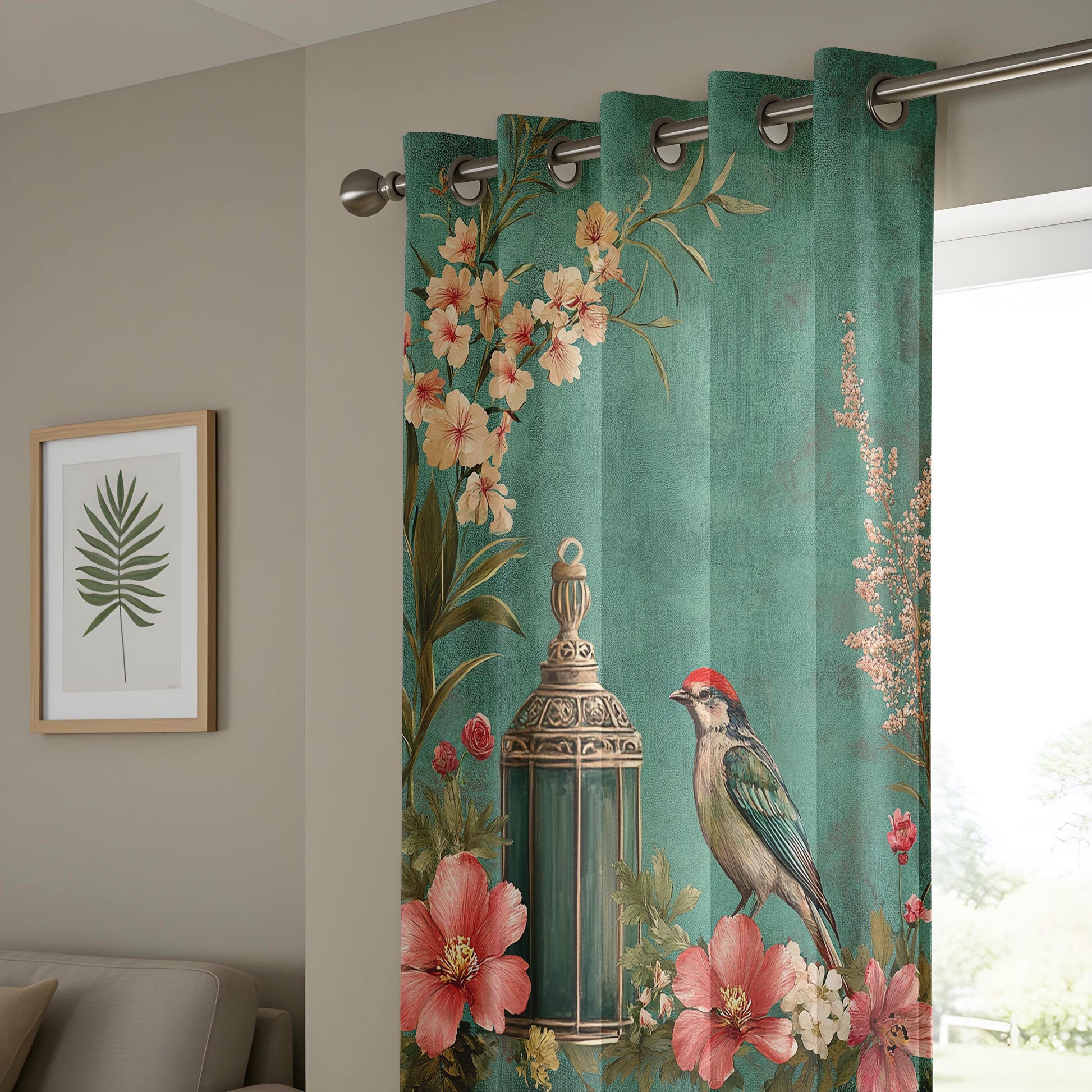 Onay Teal Green Vintage Birdcage Curtains – Romantic Floral Lantern Drapes