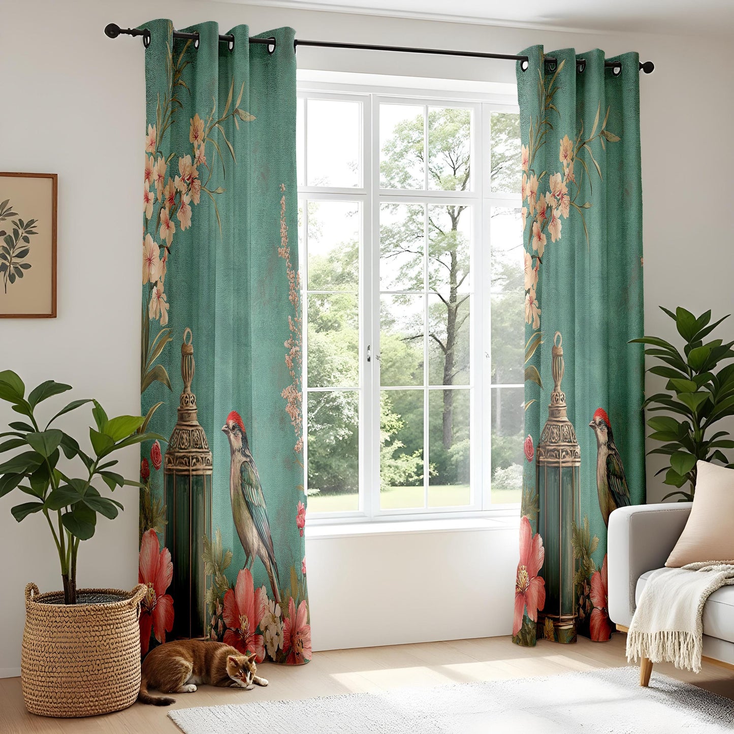 Onay Teal Green Vintage Birdcage Curtains – Romantic Floral Lantern Drapes