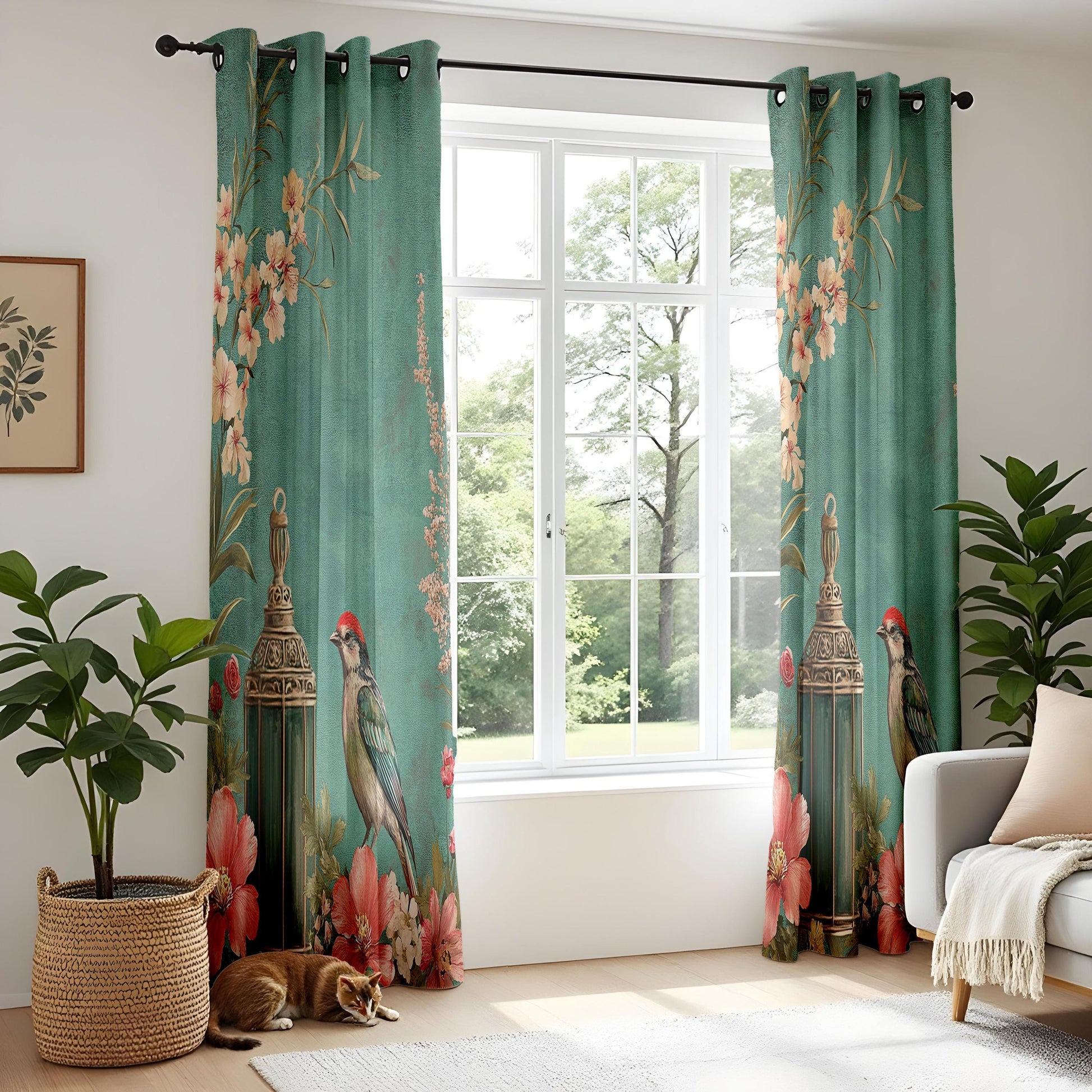 Onay Teal Green Vintage Birdcage Curtains – Romantic Floral Lantern Drapes