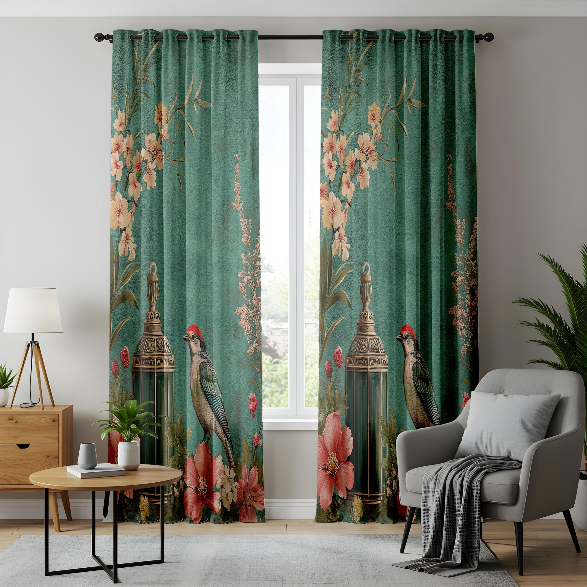 Onay Teal Green Vintage Birdcage Curtains – Romantic Floral Lantern Drapes
