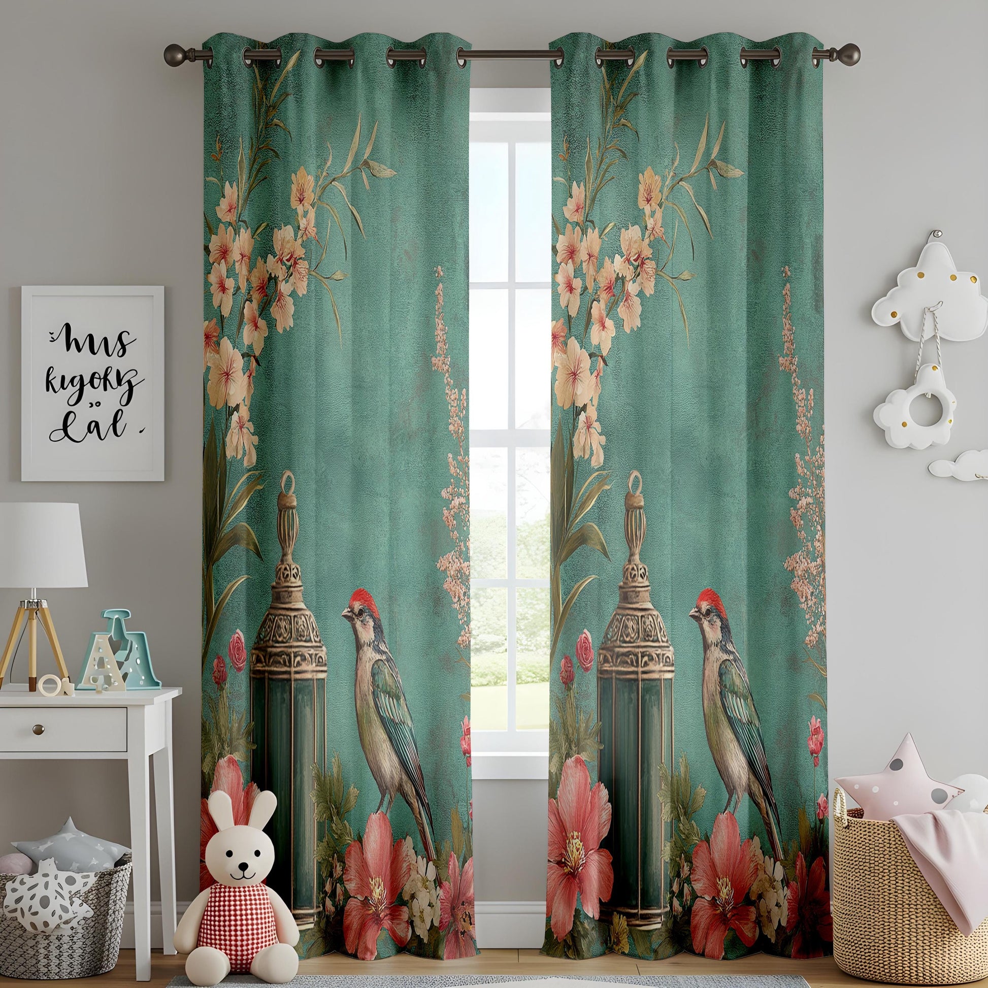 Onay Teal Green Vintage Birdcage Curtains – Romantic Floral Lantern Drapes