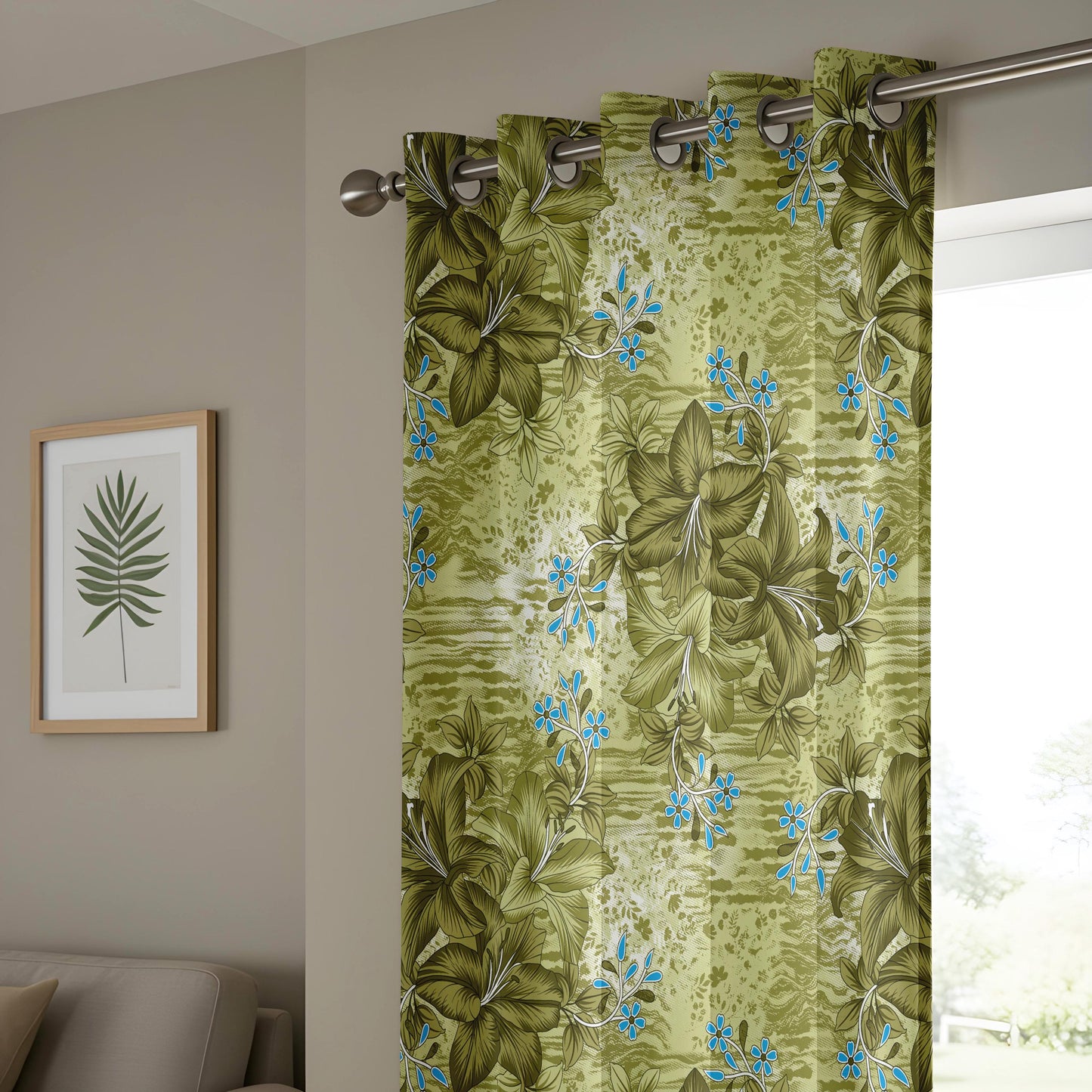 Onay Olive Green Blue Grunge Tropical Curtains – Textured Boho Decor