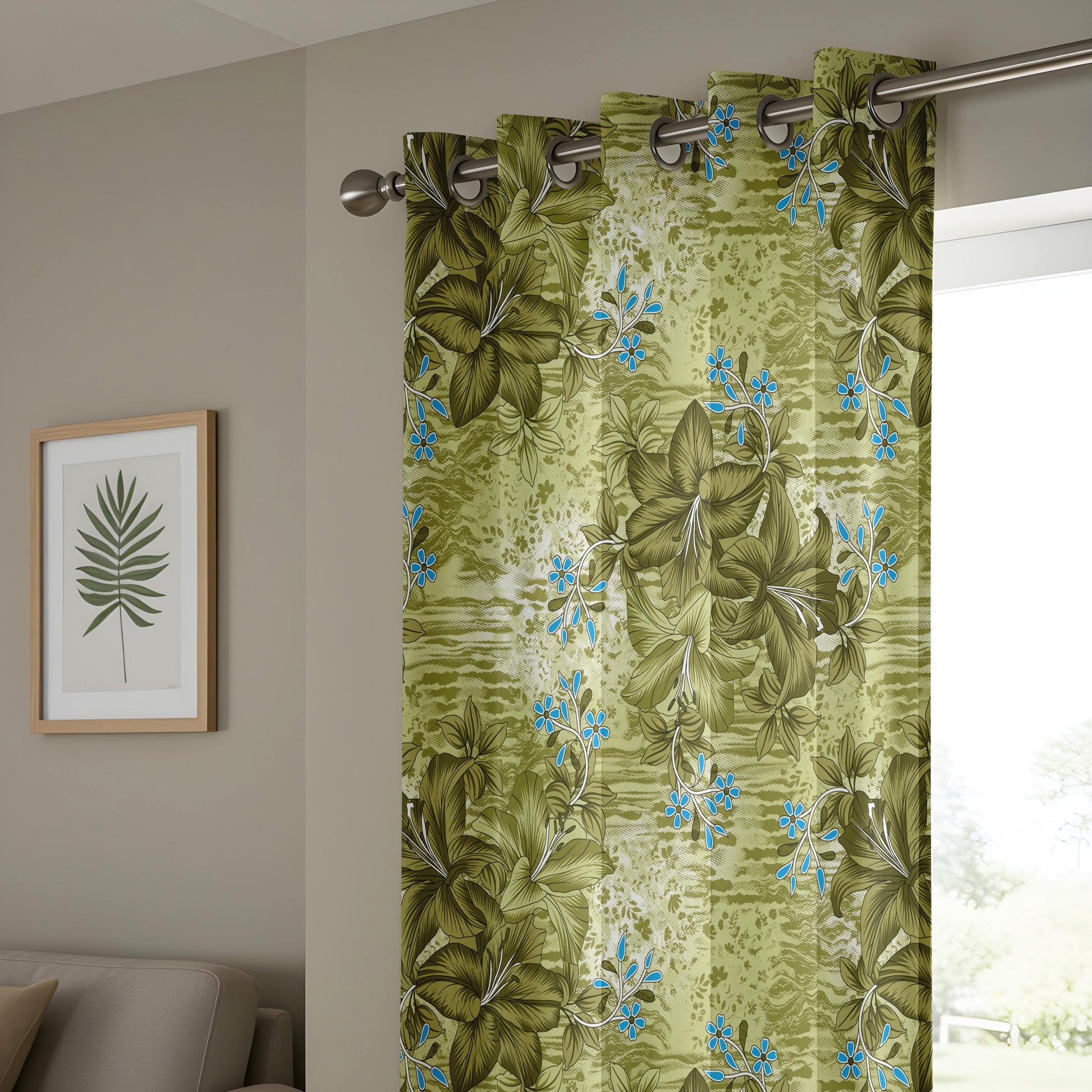 Onay Olive Green Blue Grunge Tropical Curtains – Textured Boho Decor