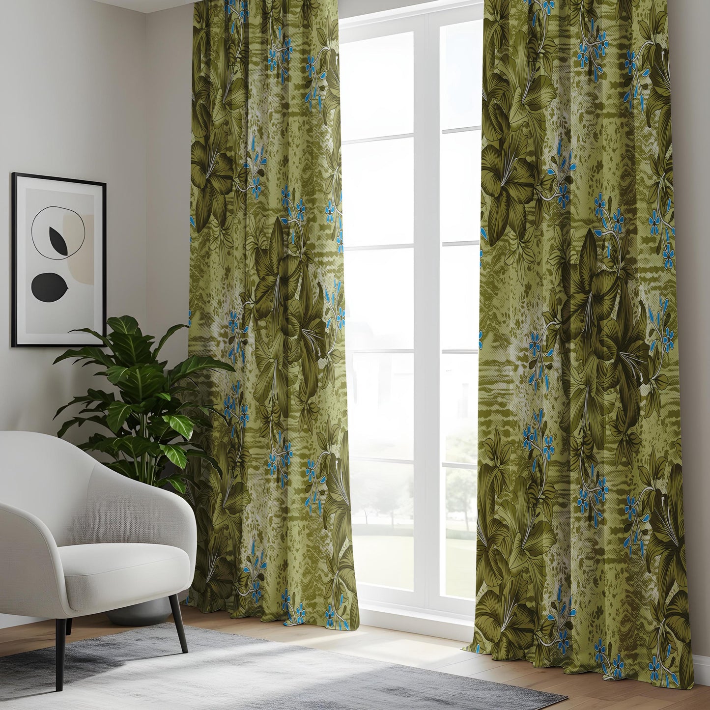 Onay Olive Green Blue Grunge Tropical Curtains – Textured Boho Decor