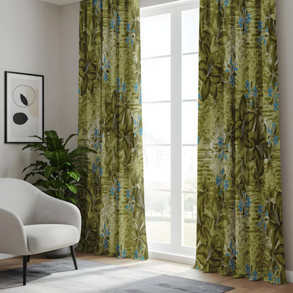Onay Olive Green Blue Grunge Tropical Curtains – Textured Boho Decor