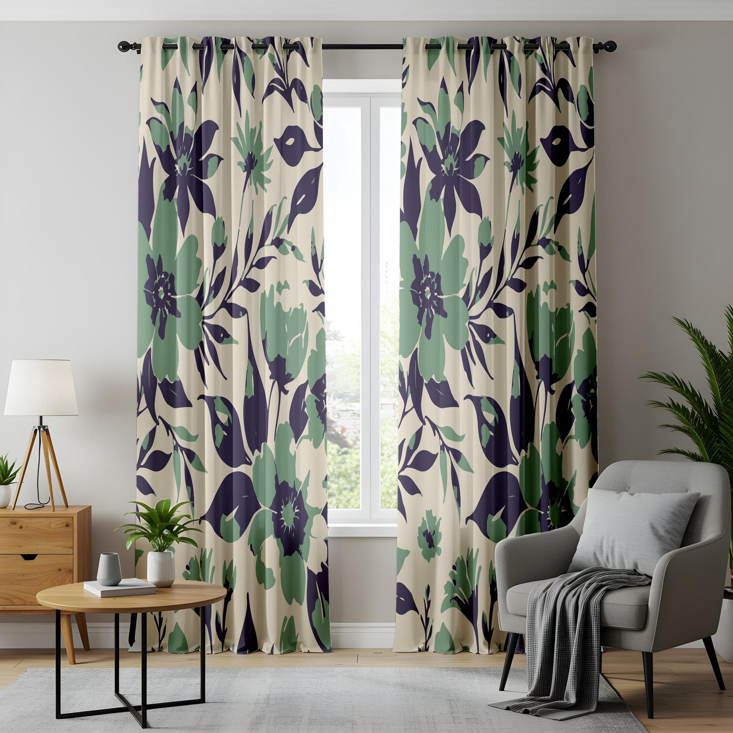 Onay Sage Green Navy Floral Curtains – Modern Farmhouse Drapes
