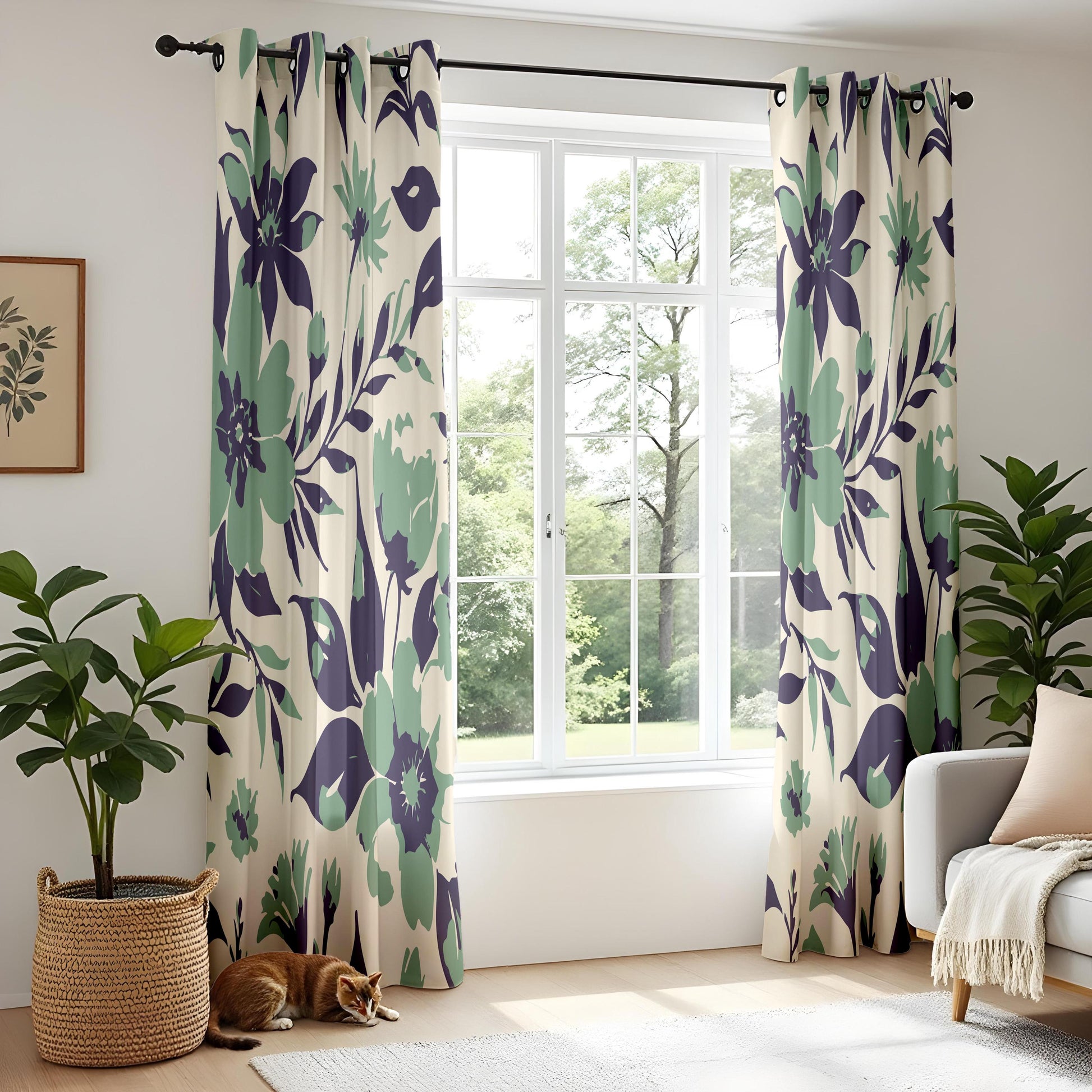 Onay Sage Green Navy Floral Curtains – Modern Farmhouse Drapes