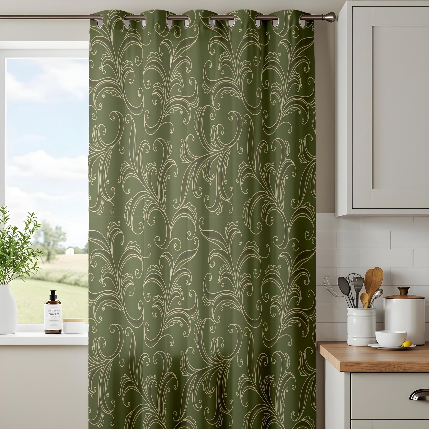 Onay Olive Green Scroll Pattern Curtains – Art Nouveau Line Art Drapes