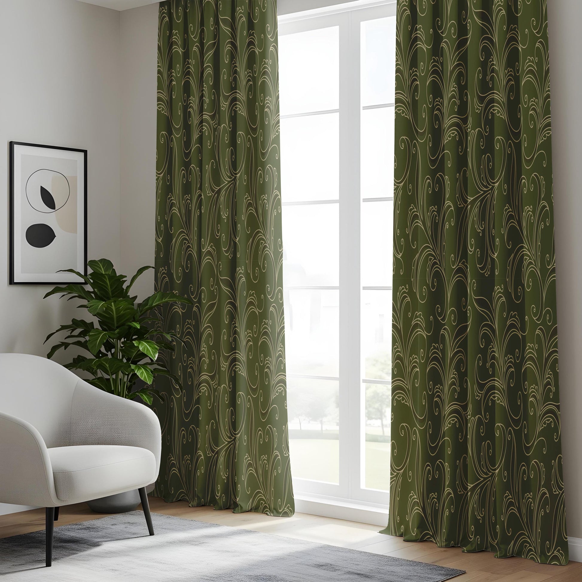 Onay Olive Green Scroll Pattern Curtains – Art Nouveau Line Art Drapes