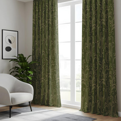 Onay Olive Green Scroll Pattern Curtains – Art Nouveau Line Art Drapes