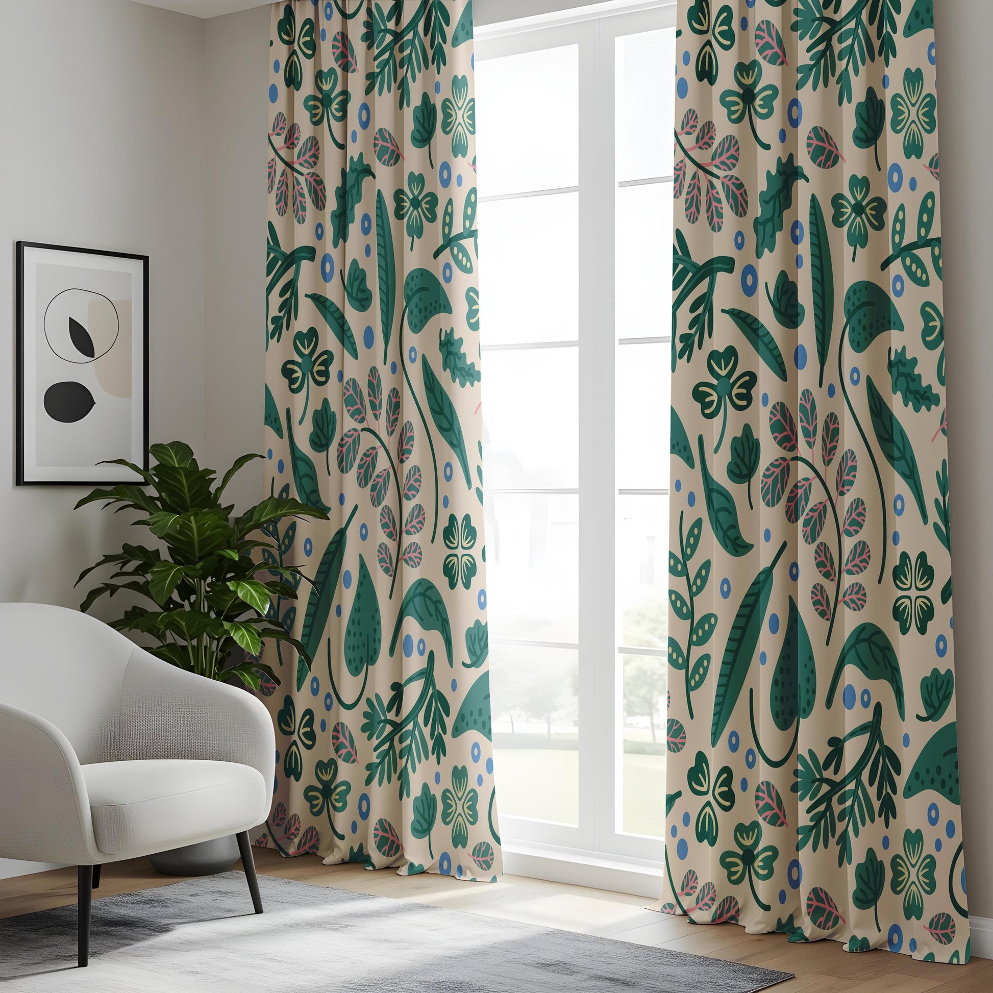 Onay Playful Boho Botanical Curtains – Cream Teal Pink Clover Print
