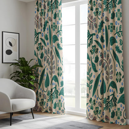 Onay Playful Boho Botanical Curtains – Cream Teal Pink Clover Print