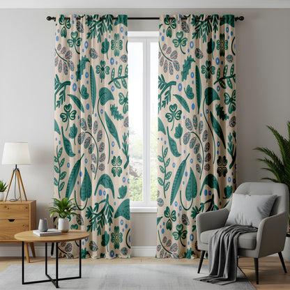 Onay Playful Boho Botanical Curtains – Cream Teal Pink Clover Print