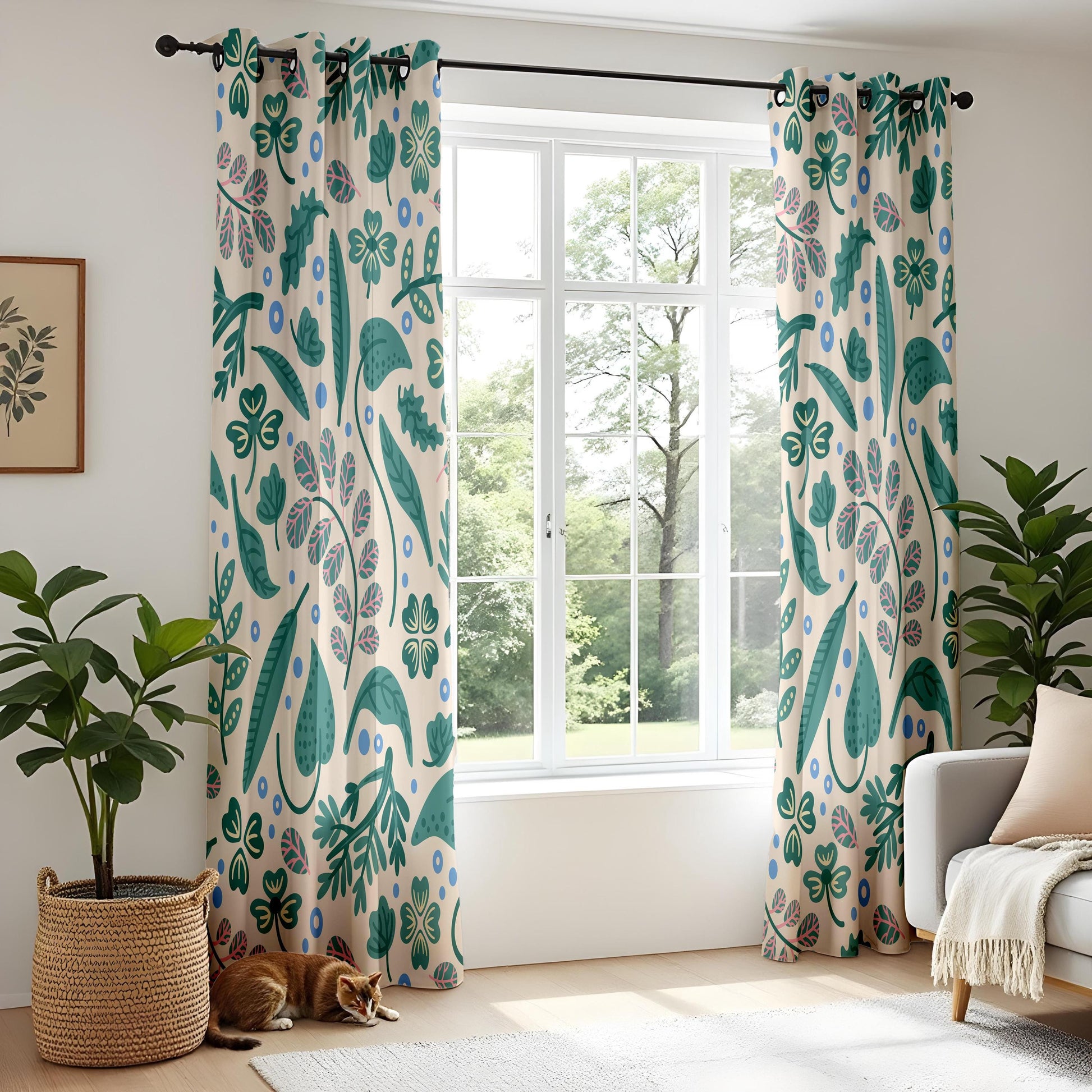 Onay Playful Boho Botanical Curtains – Cream Teal Pink Clover Print
