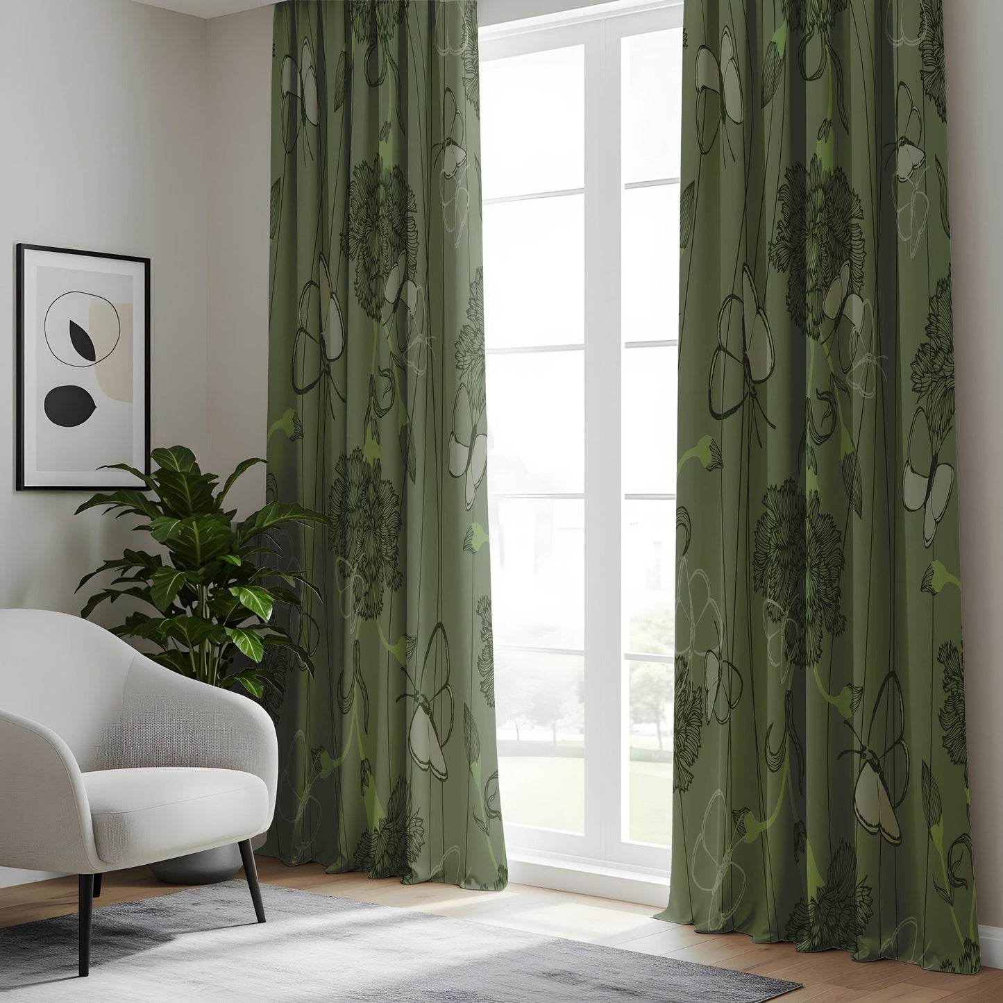 Onay Sage Green Butterfly Floral Curtains – Vintage Botanical Sketch Drapes