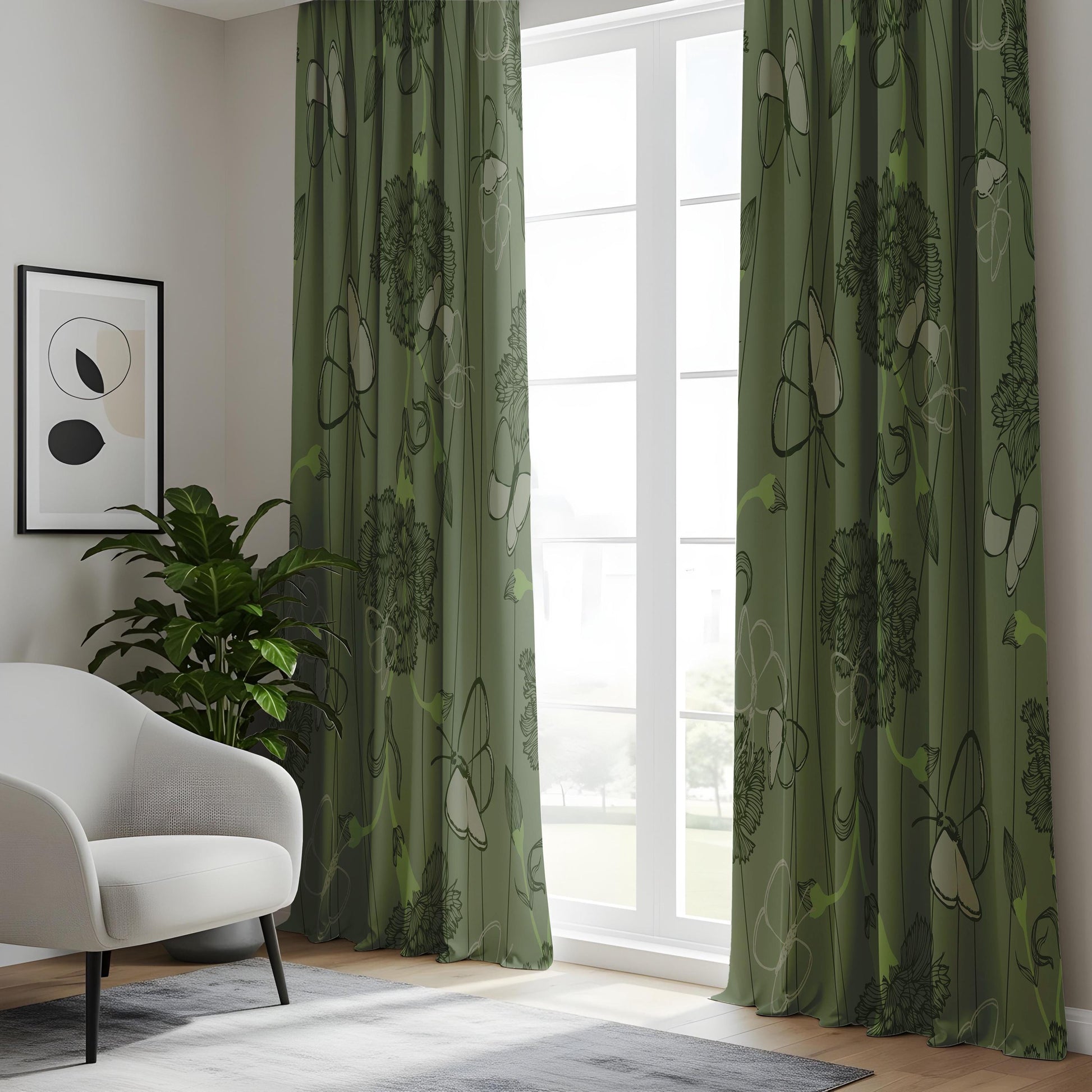 Onay Sage Green Butterfly Floral Curtains – Vintage Botanical Sketch Drapes