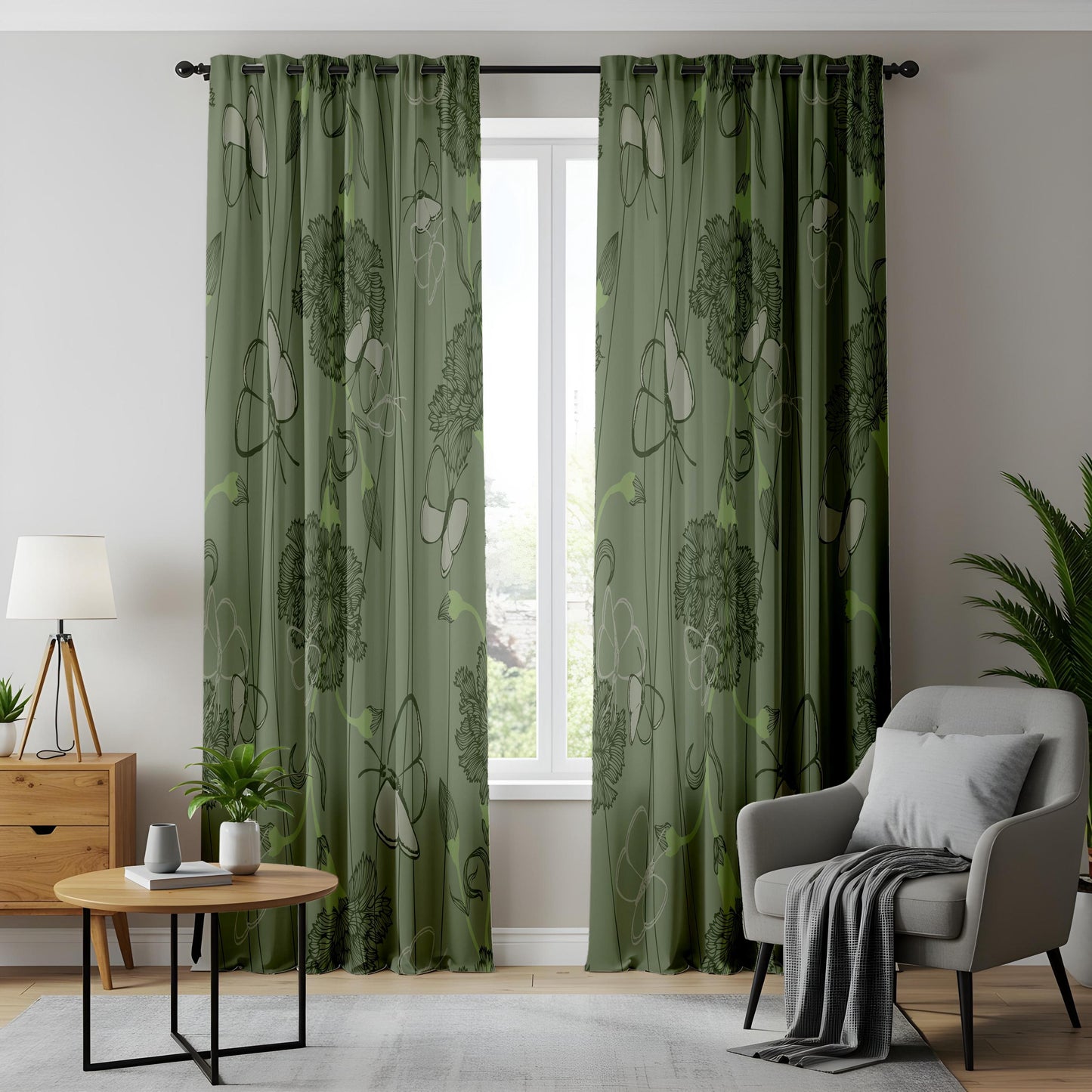 Onay Sage Green Butterfly Floral Curtains – Vintage Botanical Sketch Drapes
