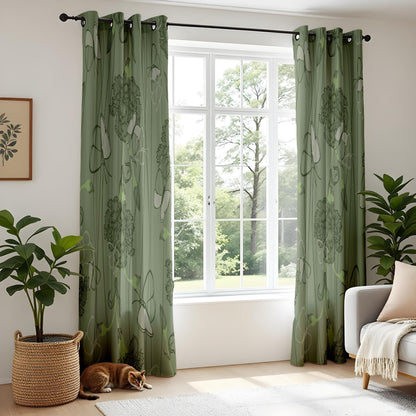 Onay Sage Green Butterfly Floral Curtains – Vintage Botanical Sketch Drapes